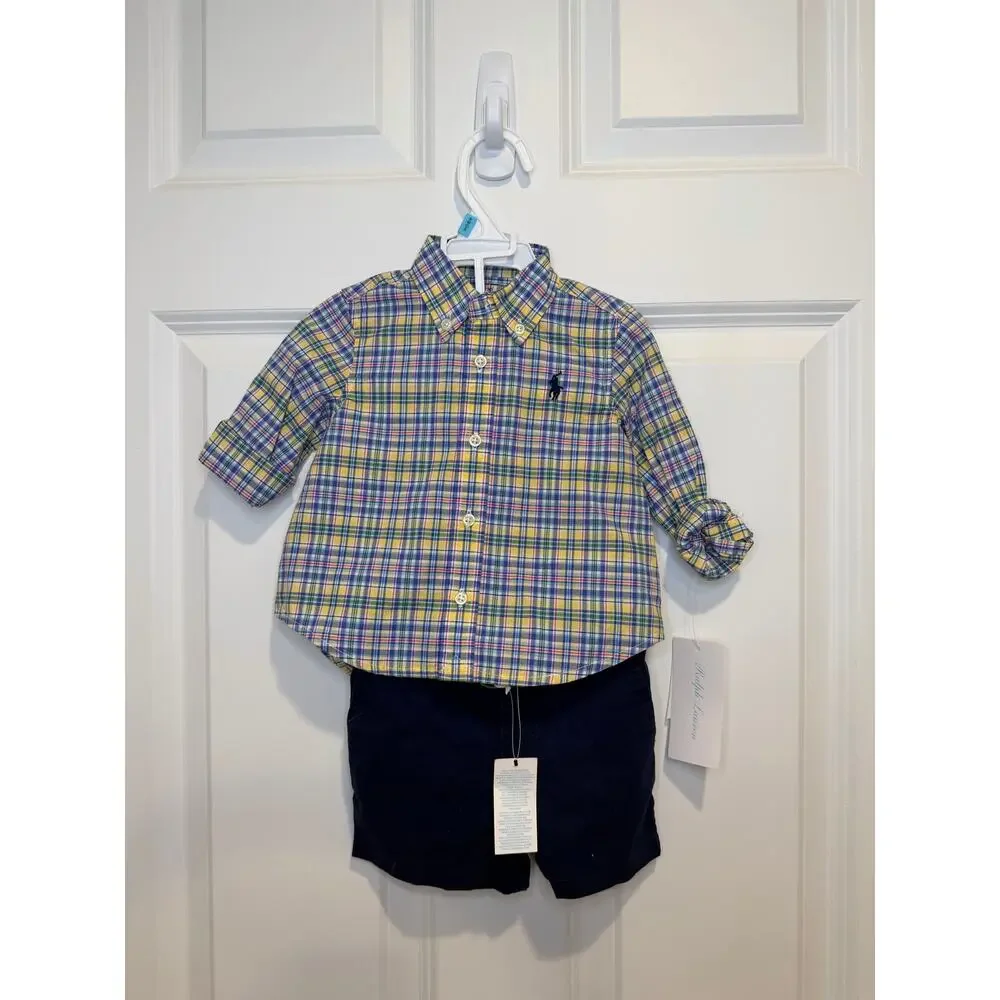 NEW Polo Ralph Lauren Boys 6 Month Set with Belt Button down shirt shorts